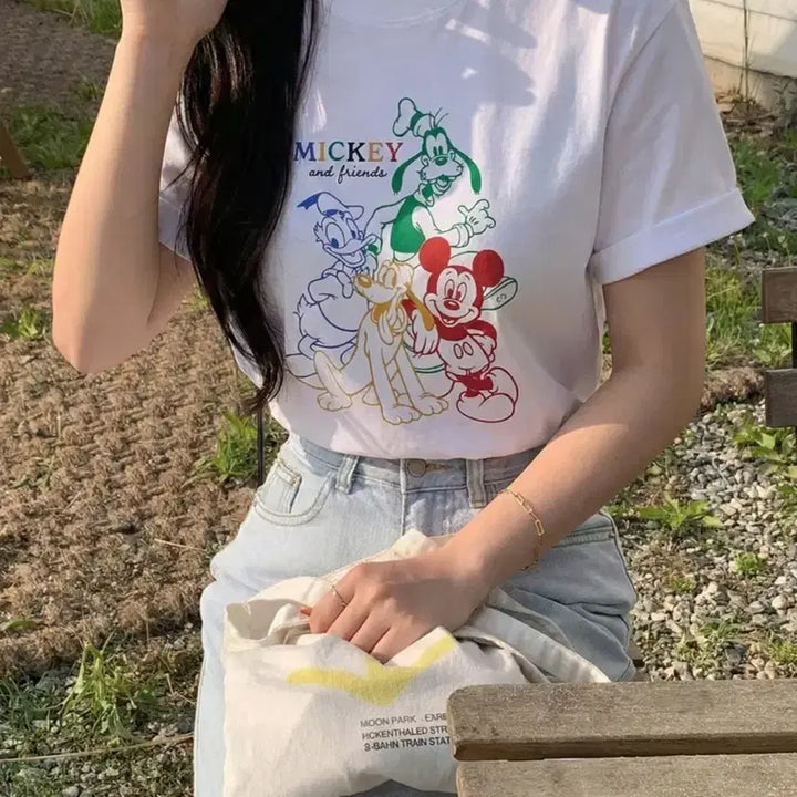 [BUNJANG] Disney Mickey Mouse &amp; Friends Short Sleeve T-Shirt / 새상품 미키마우스 앤 프렌즈 반팔 티셔츠 화이트 오트밀 44-66