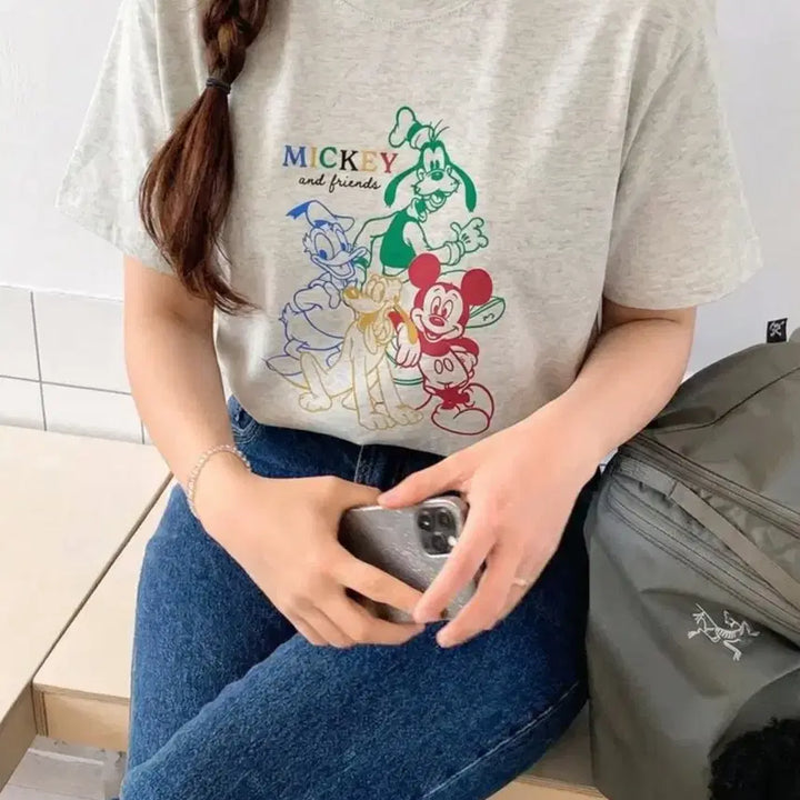 [BUNJANG] Disney Mickey Mouse &amp; Friends Short Sleeve T-Shirt / 새상품 미키마우스 앤 프렌즈 반팔 티셔츠 화이트 오트밀 44-66