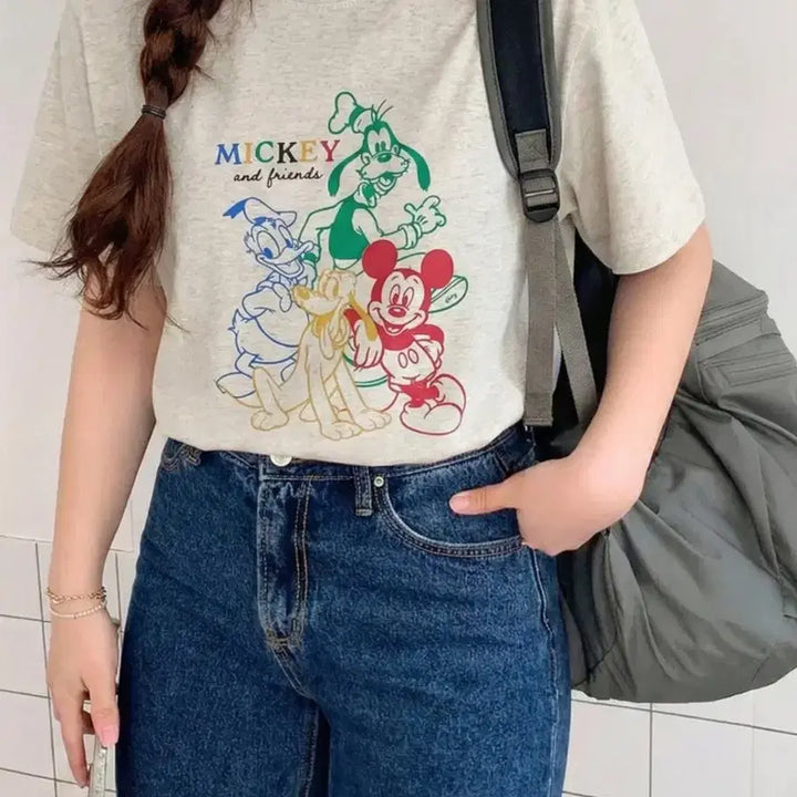 [BUNJANG] Disney Mickey Mouse &amp; Friends Short Sleeve T-Shirt / 새상품 미키마우스 앤 프렌즈 반팔 티셔츠 화이트 오트밀 44-66