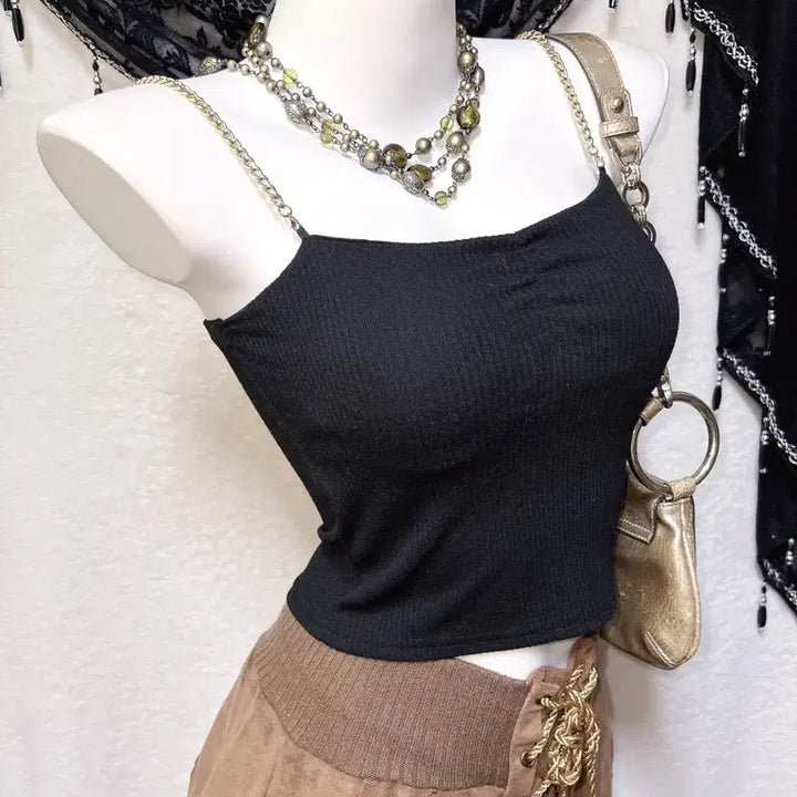 [BUNJANG] Sexy Glam Chain Halter Crop Tube Top / 오네갸루 섹시 글램 셔링 금장 체인 슬리브리스 크롭 튜브탑 나시 펑크
