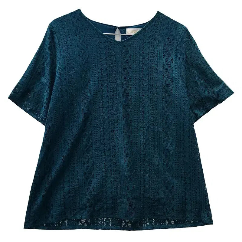 [BUNJANG] ALPHA CUBIC Vintage Punching Short Sleeve Blouse - Green (L) / ALPHA CUBIC 빈티지 펀칭 딥그린 블라우스 반팔티 L