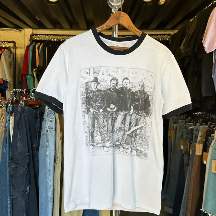 [BUNJANG] Vintage Slasher Film Printed Ringer T-Shirt / [90-95]슬래셔 무비 Slasher Film 호러 프린팅 링거 티셔츠