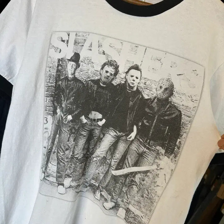 [BUNJANG] Vintage Slasher Film Printed Ringer T-Shirt / [90-95]슬래셔 무비 Slasher Film 호러 프린팅 링거 티셔츠