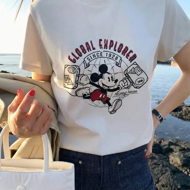 [BUNJANG] Disney Mickey Mouse and Friends Short Sleeve T-Shirt White Navy / 새상품 미키마우스 앤 프렌즈 반팔 티셔츠 화이트 네이비 44-66