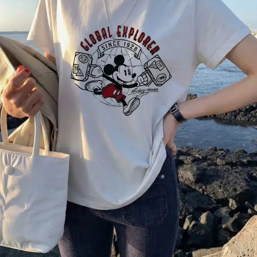 [BUNJANG] Disney Mickey Mouse and Friends Short Sleeve T-Shirt White Navy / 새상품 미키마우스 앤 프렌즈 반팔 티셔츠 화이트 네이비 44-66