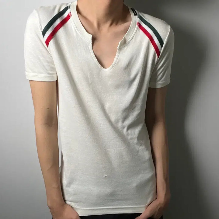 [BUNJANG] Dolce &amp; Gabbana Tricolore Stripe V-Neck Short Sleeve T-Shirt / 돌체앤가바나 트리콜로 스트라이프 브이넥 반팔 티셔츠 50
