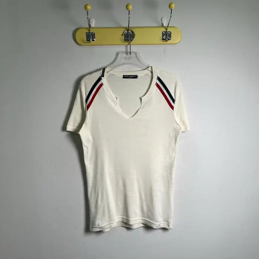 [BUNJANG] Dolce &amp; Gabbana Tricolore Stripe V-Neck Short Sleeve T-Shirt / 돌체앤가바나 트리콜로 스트라이프 브이넥 반팔 티셔츠 50