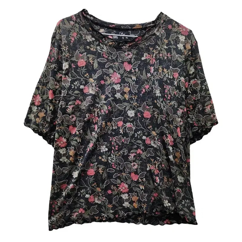 [BUNJANG] Vintage Mini Flower Cubic Half-Sleeve T-Shirt / 빈티지 미니플라워 큐빅 반팔 티 M