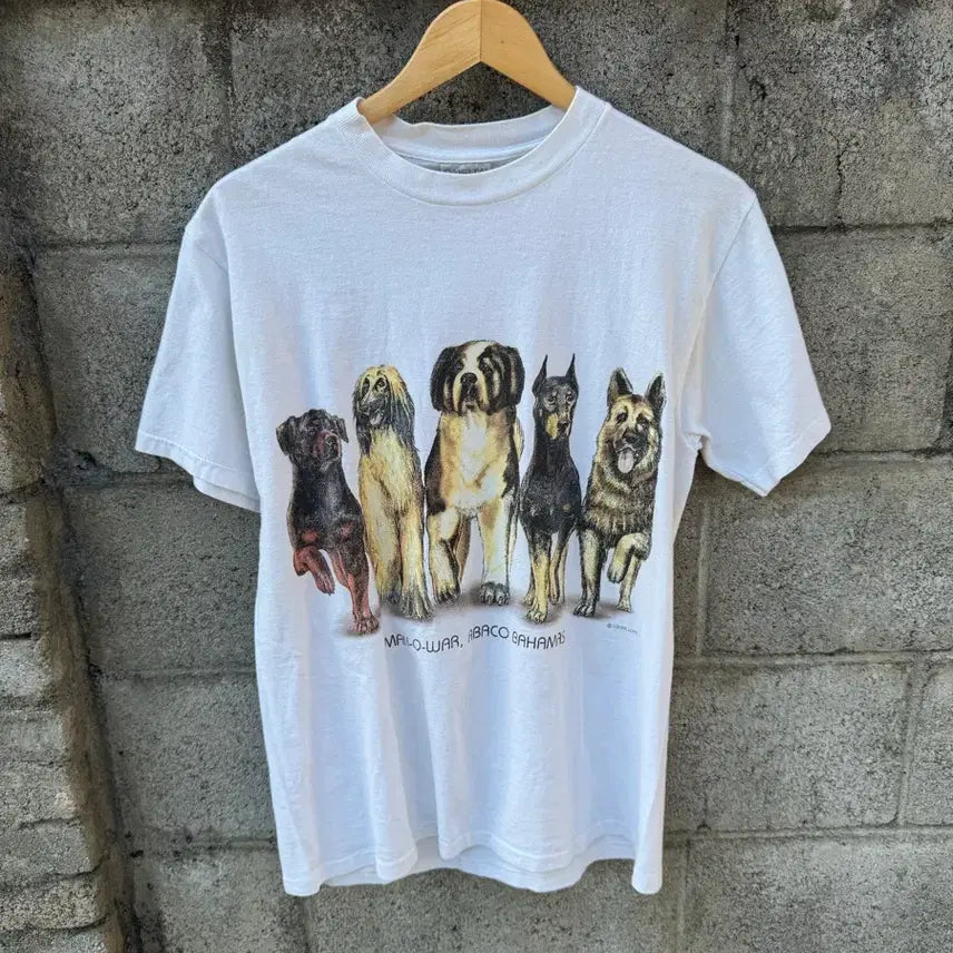 [BUNJANG] 90s Oneita Vintage Dog Printing Single Stitch Short Sleeve T-Shirt (M) / 90s oneita 빈티지 강아지 프린팅 싱글스티치 반팔 티셔츠 m