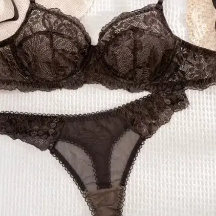 [BUNJANG] Lace Bra and Thong Set - Underwire, Thin Cup, Size L / 레이스 브라 + 티팬티 세트 얅은 컵 브라 언더와이어L