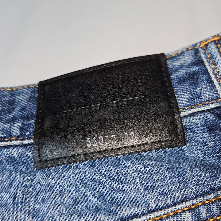 [BUNJANG] Instant Denim Leather Patch Wide Denim Pants 32 / 인스턴트 데님 가죽패치 와이드 데님팬츠 바지 워싱 32