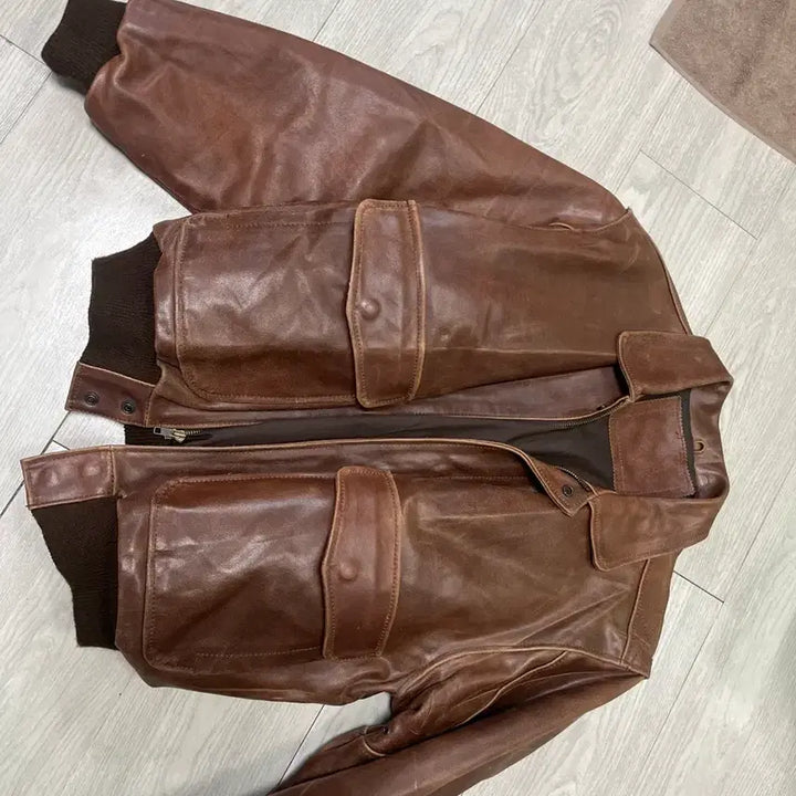 [BUNJANG] Vintage Brown Leather Bomber Jacket / 빈티지 브라운 가죽 봄버 자켓