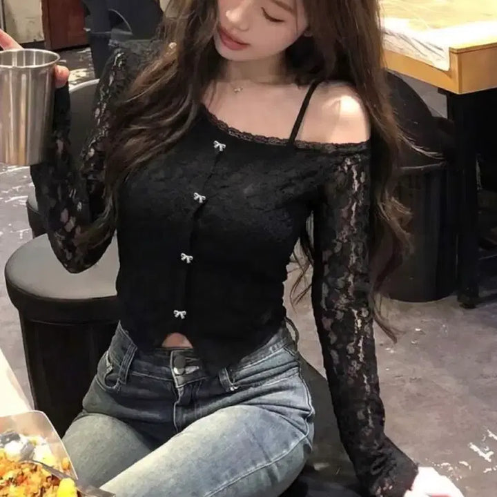 [BUNJANG] Sheer Knit One-Off Shoulder Top / 시스루 니트 원오프숄더