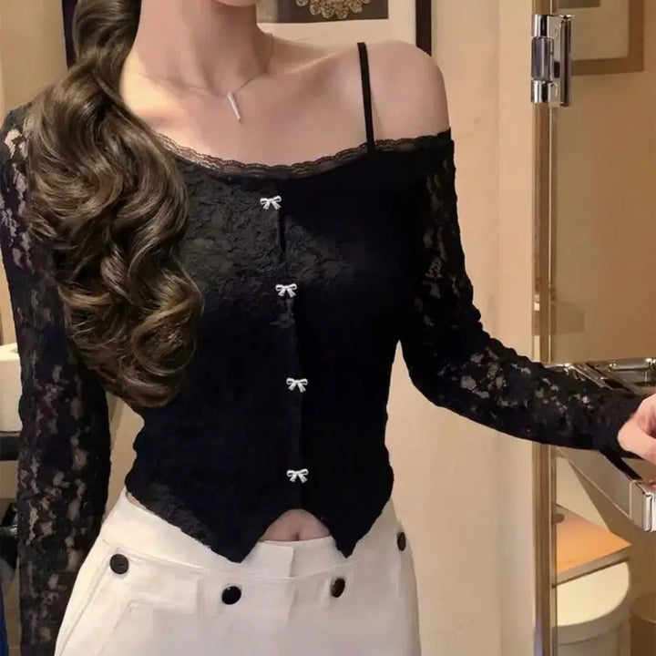 [BUNJANG] Sheer Knit One-Off Shoulder Top / 시스루 니트 원오프숄더