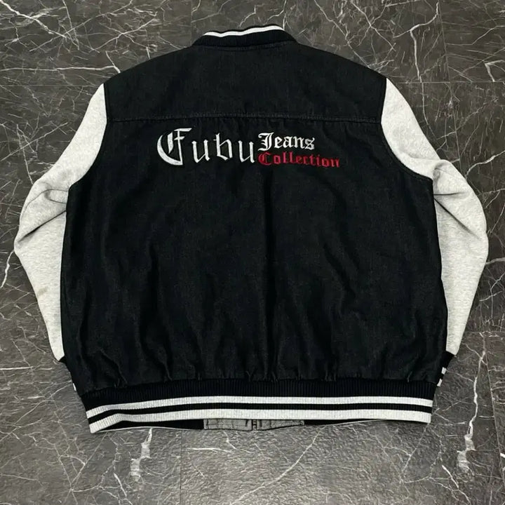 [BUNJANG] Fubu Black Patchwork Denim Varsity Jacket / 후부 흑청 패치워크 데님 바시티자켓