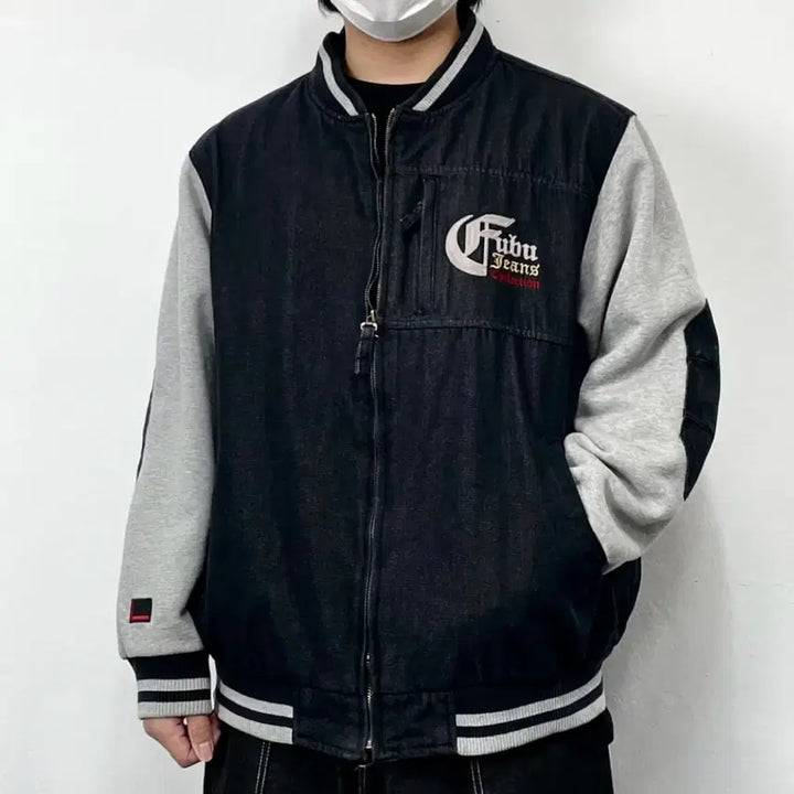 [BUNJANG] Fubu Black Patchwork Denim Varsity Jacket / 후부 흑청 패치워크 데님 바시티자켓