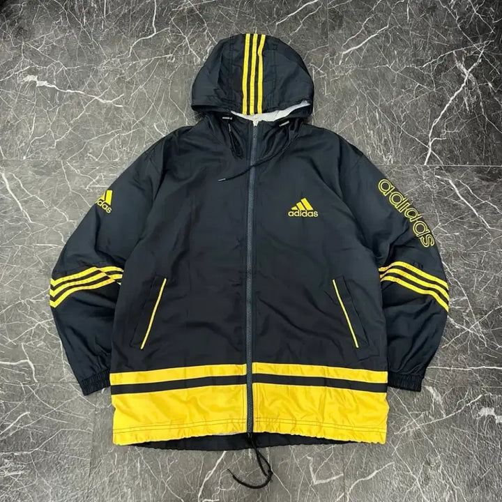 [BUNJANG] Adidas 90s Old School Multi-Logo Hooded Windbreaker Jacket XL / 아디다스 90s 올드스쿨 멀티로고 후드 바람막이 자켓