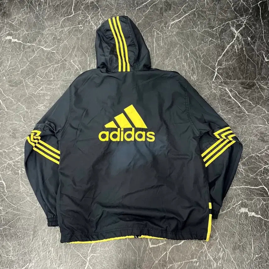 [BUNJANG] Adidas 90s Old School Multi-Logo Hooded Windbreaker Jacket XL / 아디다스 90s 올드스쿨 멀티로고 후드 바람막이 자켓