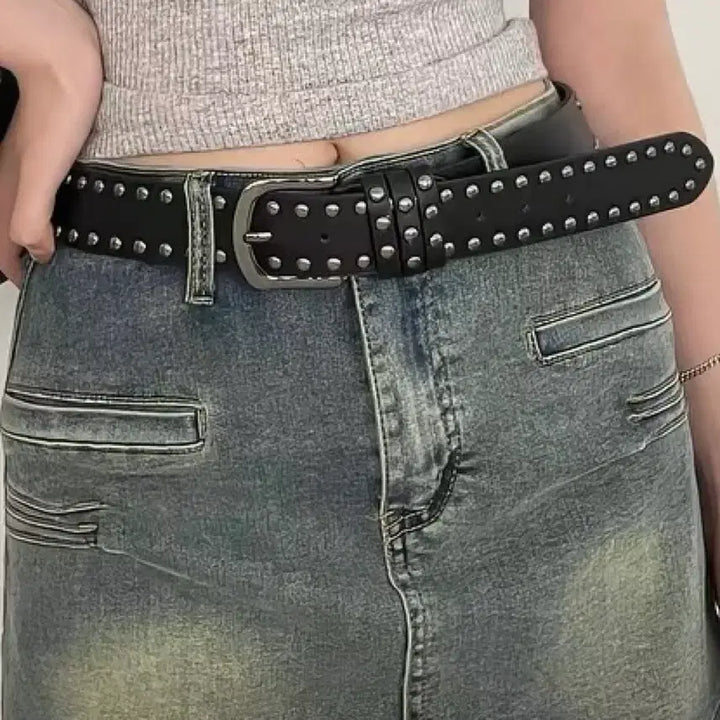 [BUNJANG] Black Studded Leather Belt / 블랙 스터드 가죽 벨트