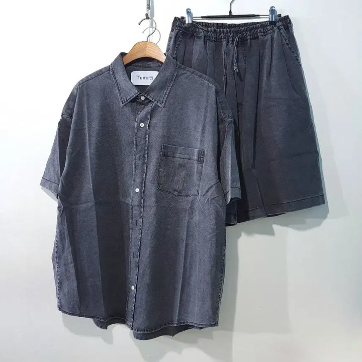 [BUNJANG] Cation Washing Denim Short Sleeve Shirt Set / SS신상) 카치온 워싱 데님 반팔 셔츠 세트 2color