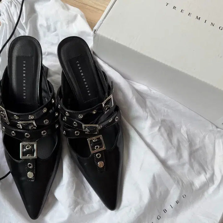 [BUNJANG] Trimming Bird Eyelet Buckle Mules Black / 트리밍버드 구두 Eyelet Buckle Mules [ Black ]