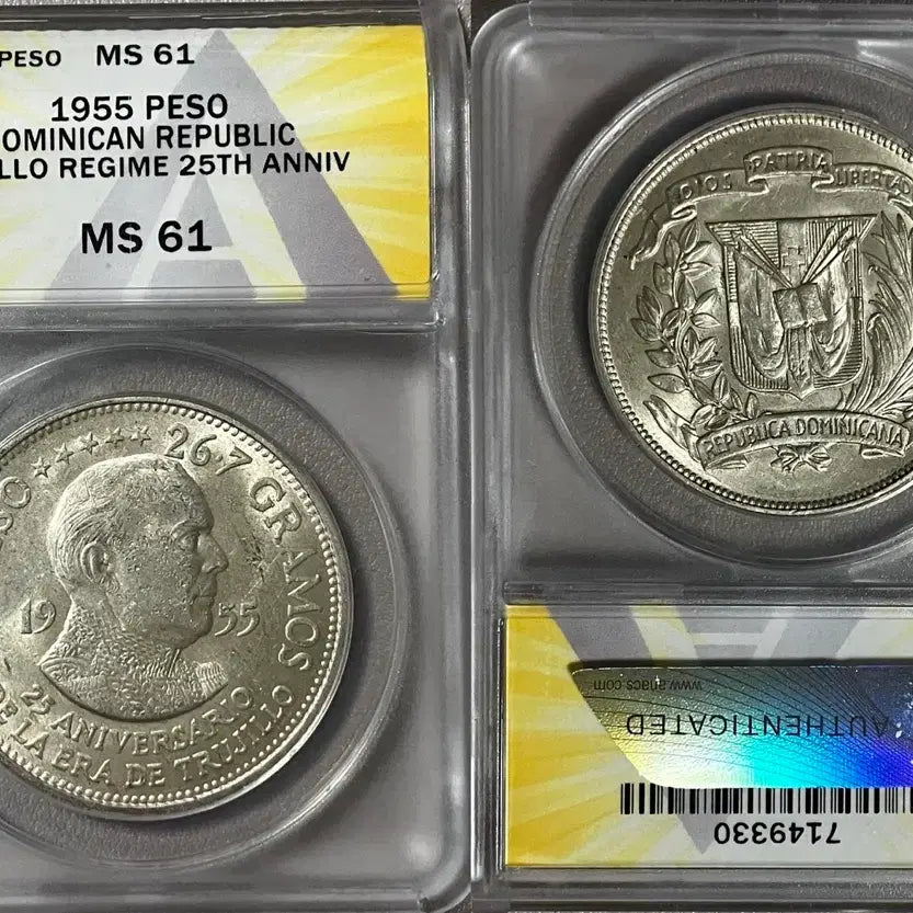 [BUNJANG] ANACS 1955 Dominican Republic Trujillo Commemorative Peso MS 61 Silver Coin / ANACS 1955년 도미니카 트루히요 기념 페소 MS 61 은화
