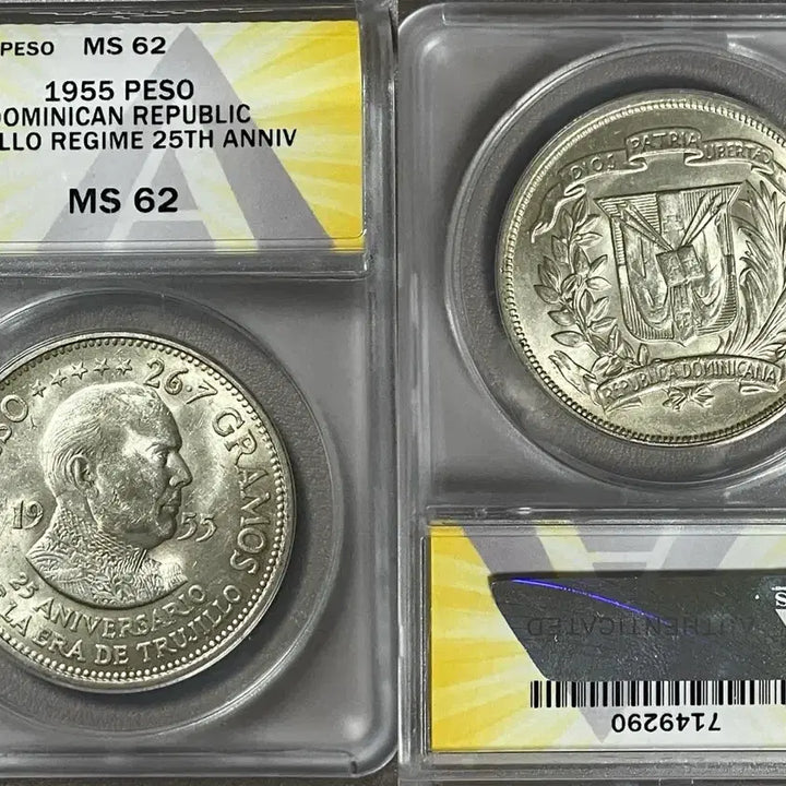 [BUNJANG] ANACS 1955 Dominican Republic Trujillo Commemorative Peso MS62 Silver Coin / ANACS 1955년 도미니카 트루히요 기념 페소 MS 62 은화