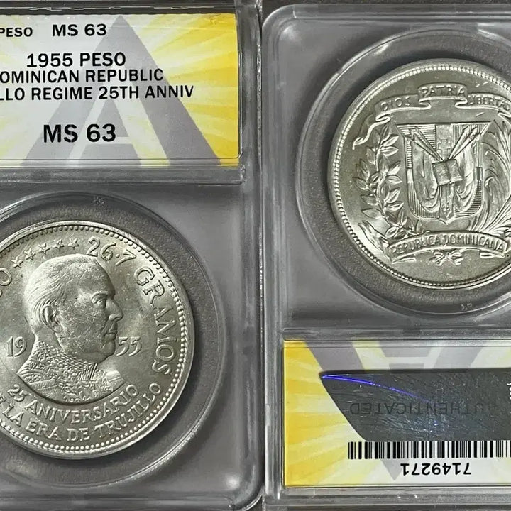 [BUNJANG] ANACS 1955 Dominican Republic Trujillo Commemorative Peso MS 63 Silver Coin / ANACS 1955년 도미니카 트루히요 기념 페소 MS 63 은화