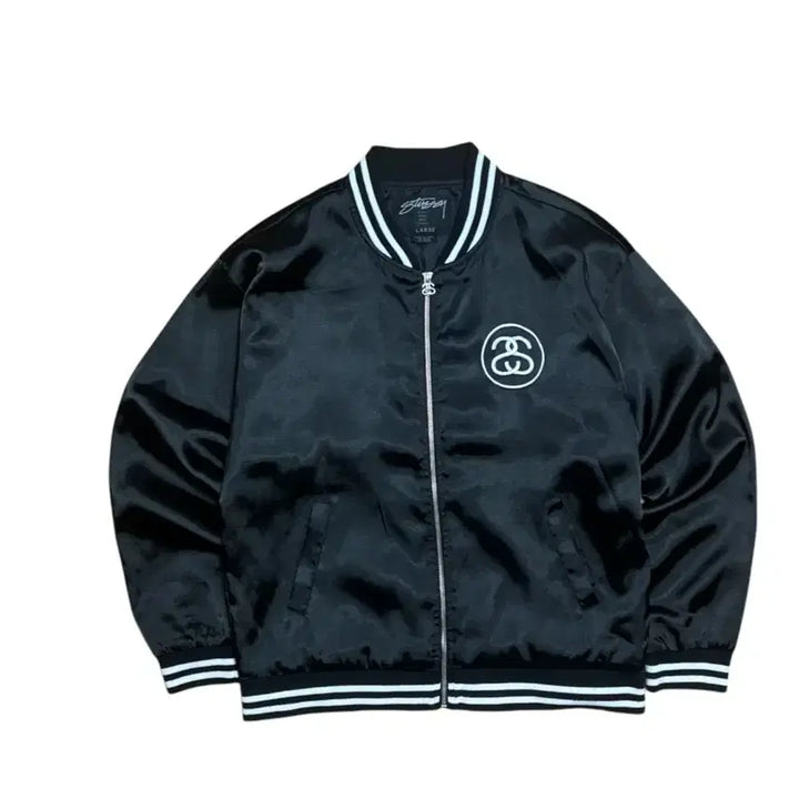 [BUNJANG] Stussy Big Logo Old School Black Satin Jacket / 스투시 빅로고 올드스쿨 블랙 새틴 자켓