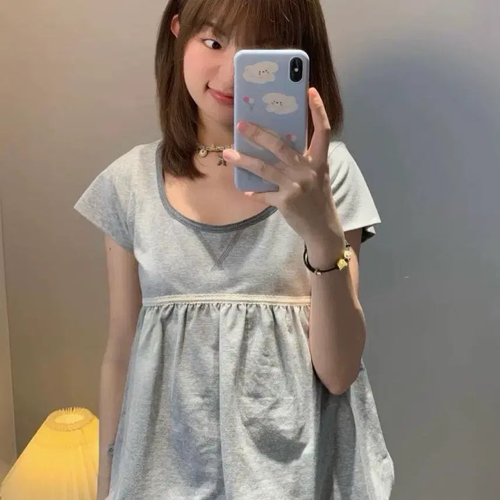 [BUNJANG] KOSEIO Lace Balloon T-Shirt Grey Size 2 / 코이세이오 레이스 벌룬티셔츠 그레이 2사이즈
