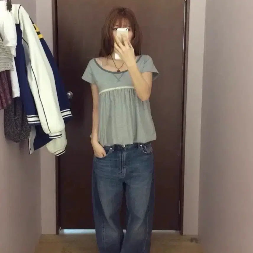 [BUNJANG] KOSEIO Lace Balloon T-Shirt Grey Size 2 / 코이세이오 레이스 벌룬티셔츠 그레이 2사이즈