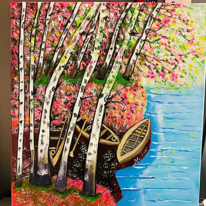 [BUNJANG] Original "Cherry Blossom Boat" Landscape Painting (Canvas) / 자작 벚꽃 보트 풍경 (캔버스)