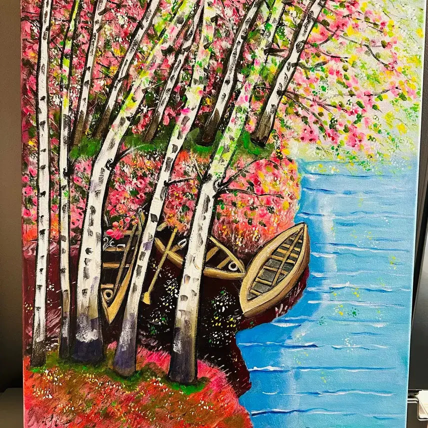 [BUNJANG] Original "Cherry Blossom Boat" Landscape Painting (Canvas) / 자작 벚꽃 보트 풍경 (캔버스)