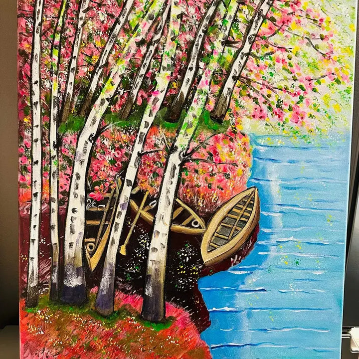 [BUNJANG] Original "Cherry Blossom Boat" Landscape Painting (Canvas) / 자작 벚꽃 보트 풍경 (캔버스)