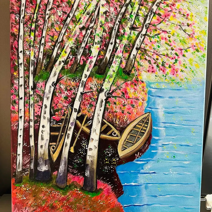 [BUNJANG] Original "Cherry Blossom Boat" Landscape Painting (Canvas) / 자작 벚꽃 보트 풍경 (캔버스)