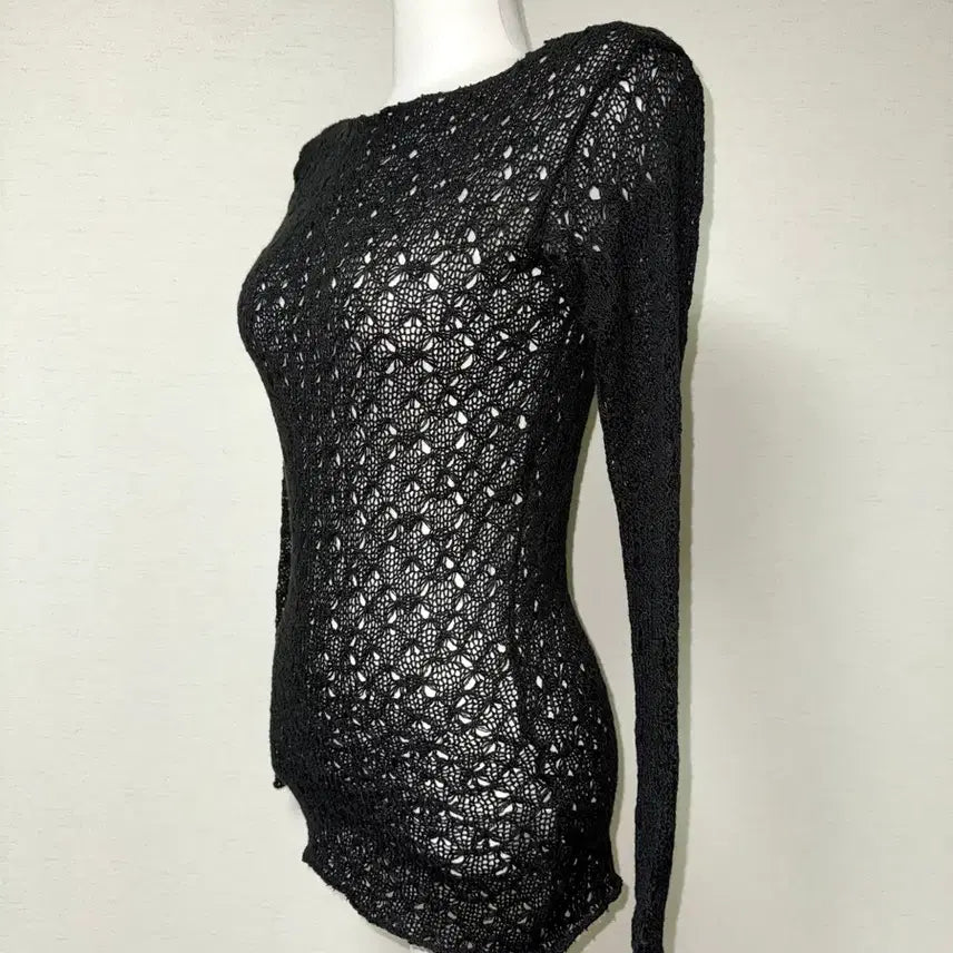 [BUNJANG] Black See-through Knit Long Sleeve T-Shirt / 블랙 시스루 니트 긴팔티