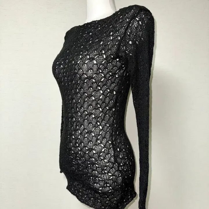 [BUNJANG] Black See-through Knit Long Sleeve T-Shirt / 블랙 시스루 니트 긴팔티