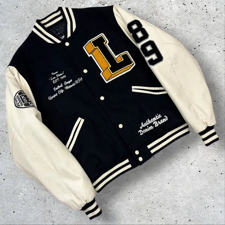 [BUNJANG] Lee Black Leather Panel Stadium Varsity Jacket M / [M] Lee 리 블랙 레더 배색 스타디움 바시티 자켓 E48