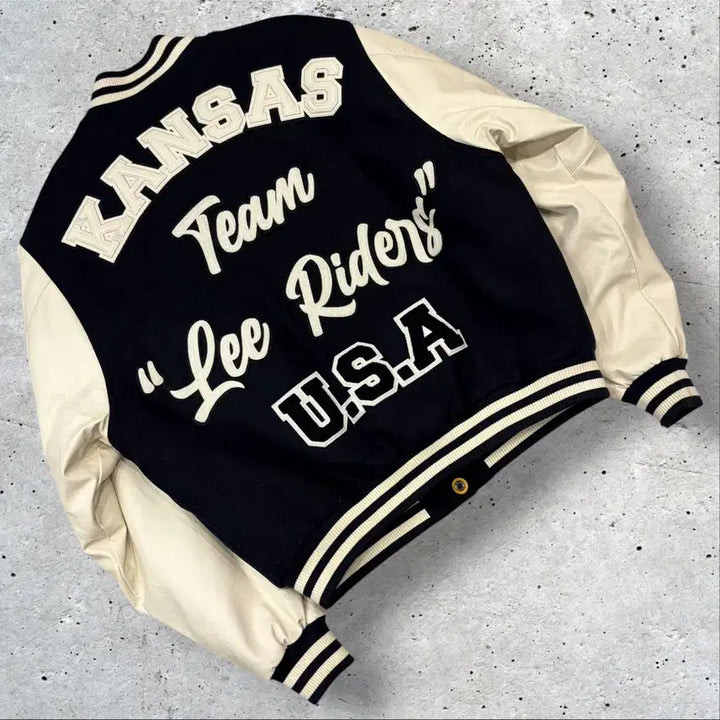 [BUNJANG] Lee Black Leather Panel Stadium Varsity Jacket M / [M] Lee 리 블랙 레더 배색 스타디움 바시티 자켓 E48