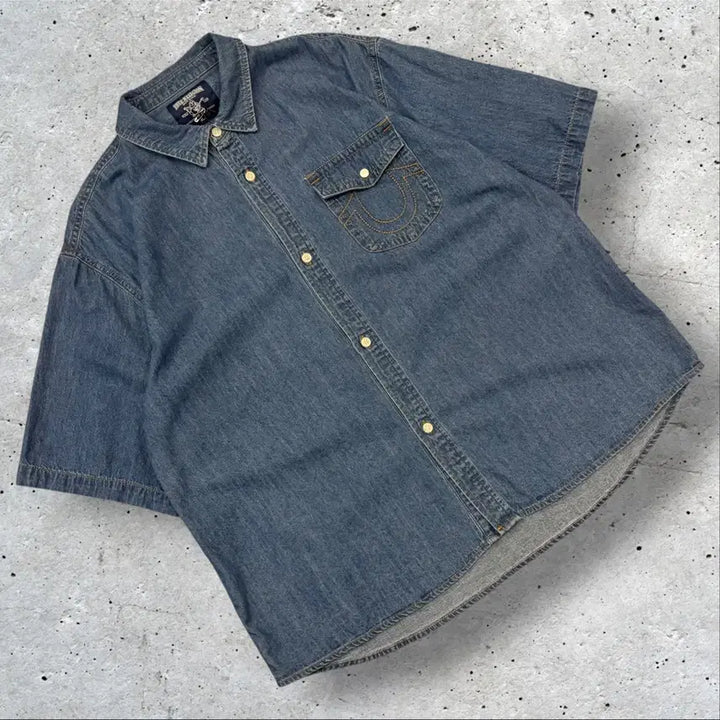 [BUNJANG] True Religion Denim Pocket Short Sleeve Shirt XL / [XL] 트루릴리젼 데님 포켓 반팔 셔츠 E49