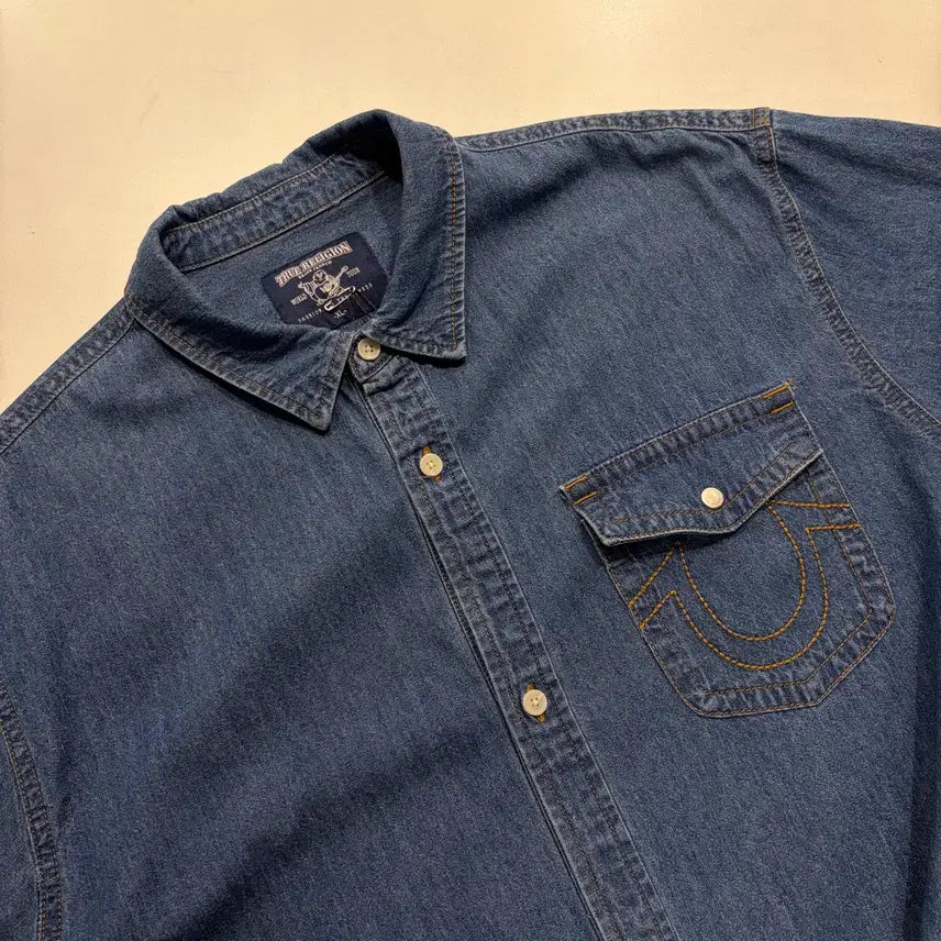 [BUNJANG] True Religion Denim Pocket Short Sleeve Shirt XL / [XL] 트루릴리젼 데님 포켓 반팔 셔츠 E49