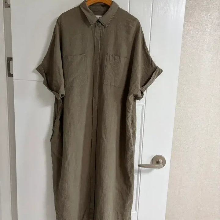 [BUNJANG] Japanese Import Vintage Khaki Half-Sleeve Pocket Casual Shirt Dress / (일본 수입 빈티지)롱 셔츠 원피스 카키 반팔 포켓 캐주얼 마