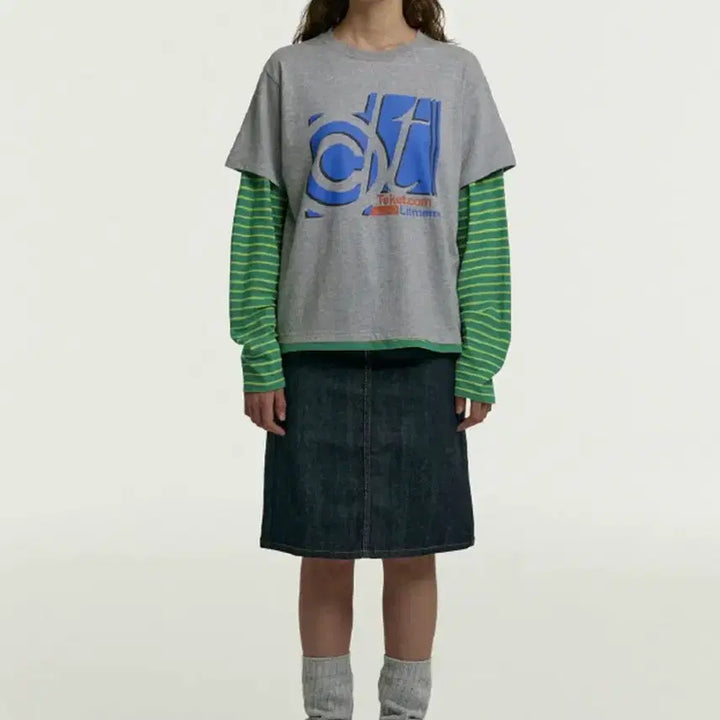 [BUNJANG] Teket Layered Stripe Short Sleeve Long Sleeve T-Shirt / Teket 테켓 레이어드 반팔 스트라이프 긴팔티