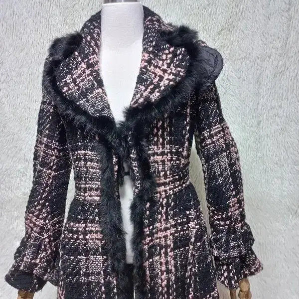 [BUNJANG] OZOC Rabbit Fur Trim Tweed Check Knit Coat Jacket / 오즈세컨 정품 여자 토끼퍼배색 여성 트위드체크니트코트자켓82-94