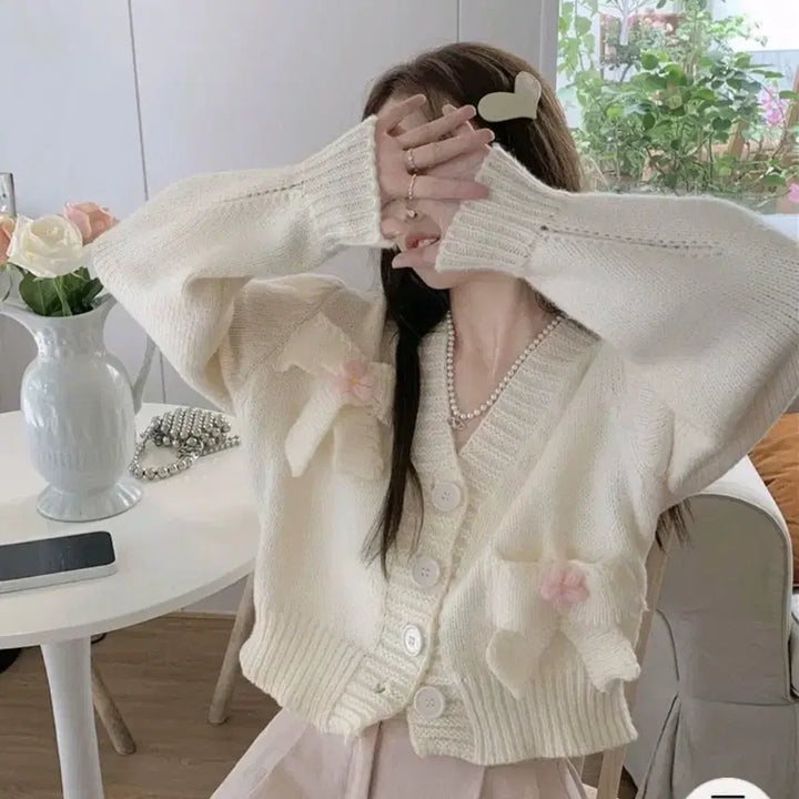 [BUNJANG] Ribbon Cropped Knit Cardigan Ivory Size M / 새상품 리본 아이보리 크롭 니트가디건 M사이즈 지뢰계