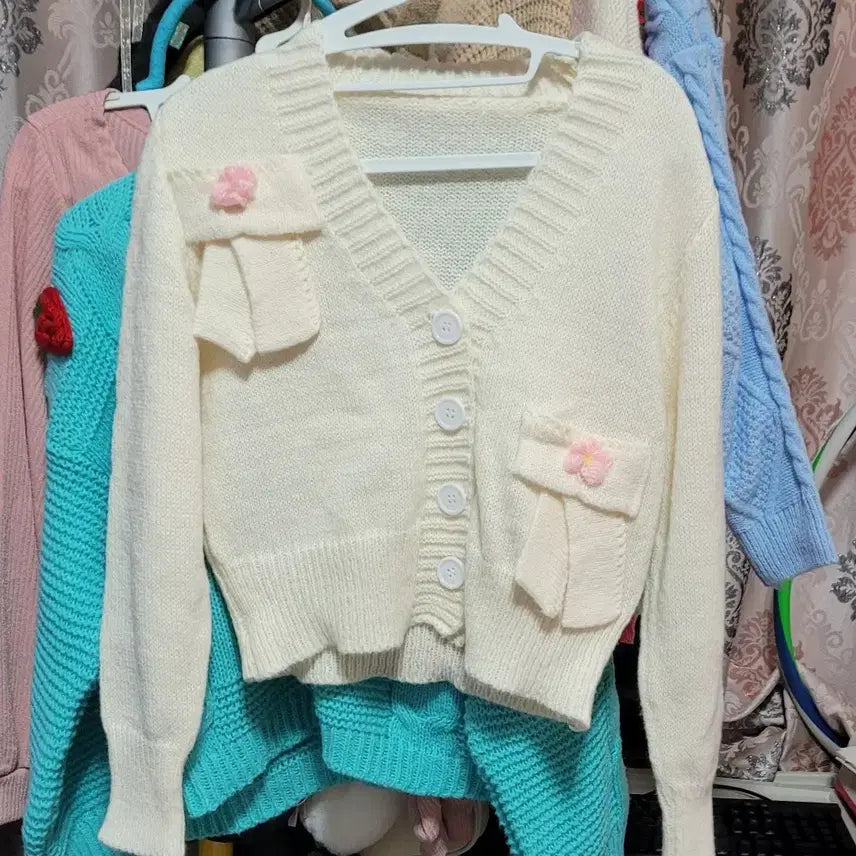 [BUNJANG] Ribbon Cropped Knit Cardigan Ivory Size M / 새상품 리본 아이보리 크롭 니트가디건 M사이즈 지뢰계