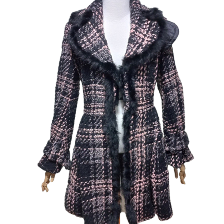 [BUNJANG] OZOC Rabbit Fur Trimmed Tweed Check Knit Coat Jacket / 오즈세컨 정품 여자 토끼퍼배색 여성 트위드체크니트코트자켓82-94