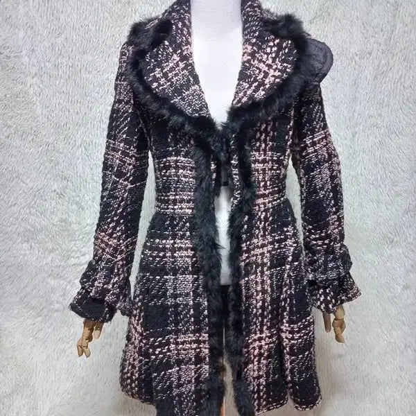 [BUNJANG] OZOC Rabbit Fur Trimmed Tweed Check Knit Coat Jacket / 오즈세컨 정품 여자 토끼퍼배색 여성 트위드체크니트코트자켓82-94