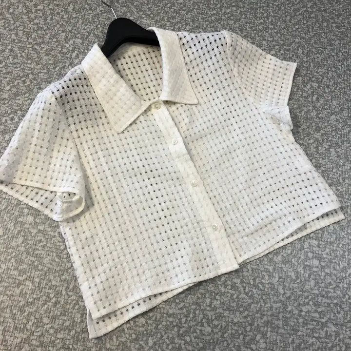 [BUNJANG] YUMER Sheer Mesh Cropped Short Sleeve Blouse / 유메르 시스루 메쉬 펀칭 망사 반팔 크롭 셔츠 블라우스