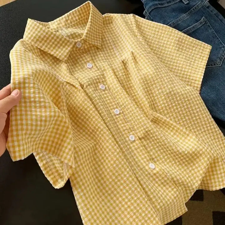 [BUNJANG] Temu Yellow Check Big Size Short Sleeve Shirt / 테무 빅사이즈 옐로우 체크 반팔 셔츠